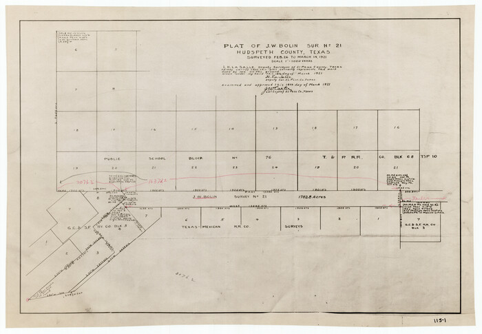 91133, Plat of J. W. Bolin Survey Number 21, Hudspeth County, Texas, Twichell Survey Records