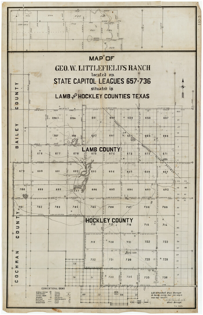91223, Map of Geo. W. Littlefield's Ranch Located on State Capitol Leagues 657-736 Situated in Lamb and Hockley Counties, Twichell Survey Records