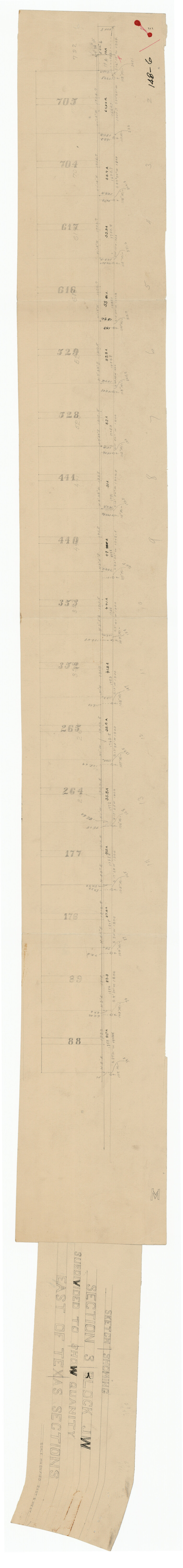 91303, Sketch Showing Section 3, Block JW, Subdivided to Show Quantity East of Texas Sections, Twichell Survey Records