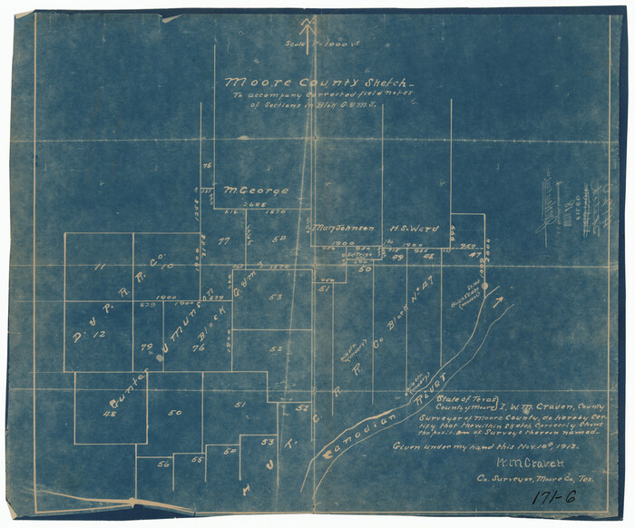 91415, Moore County Sketch to Accompany Corrected Field Notes of Sections in Block G. & M. 3], Twichell Survey Records