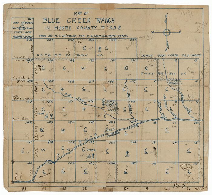 91420, Map of Blue Creek Ranch in Moore County, Texas, Twichell Survey Records