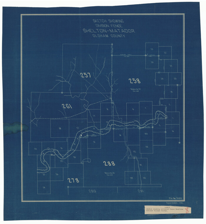 91427, Sketch Showing Division Fence Shelton- Matador, Oldham County, Texas, Twichell Survey Records