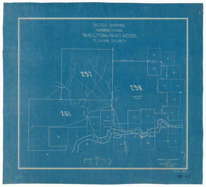 91445, Sketch Showing Division Fence, Shelton- Matador, Oldham County, Twichell Survey Records