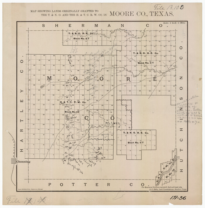 91520, Map Showing Lands Originally Granted to the T. & N. O. and the H. & T. C. Railway Companies in Moore County, Texas, Twichell Survey Records