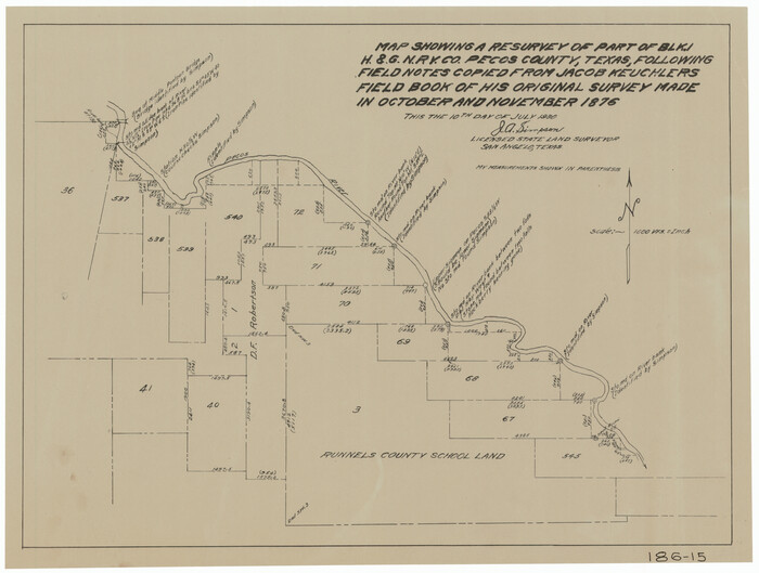 91571, Map Showing a Resurvey of Part of Blk. I, H. &. G. N. Ry. Co. Pecos County, Texas, following field notes copied from Jacob Kuechler's field book of his original survey made in October and November 1876, Twichell Survey Records