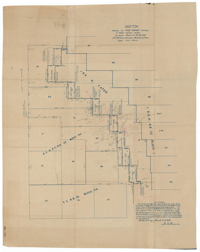 91590, Sketch showing the Fred Turner surveys in Pecos County, Texas, Twichell Survey Records