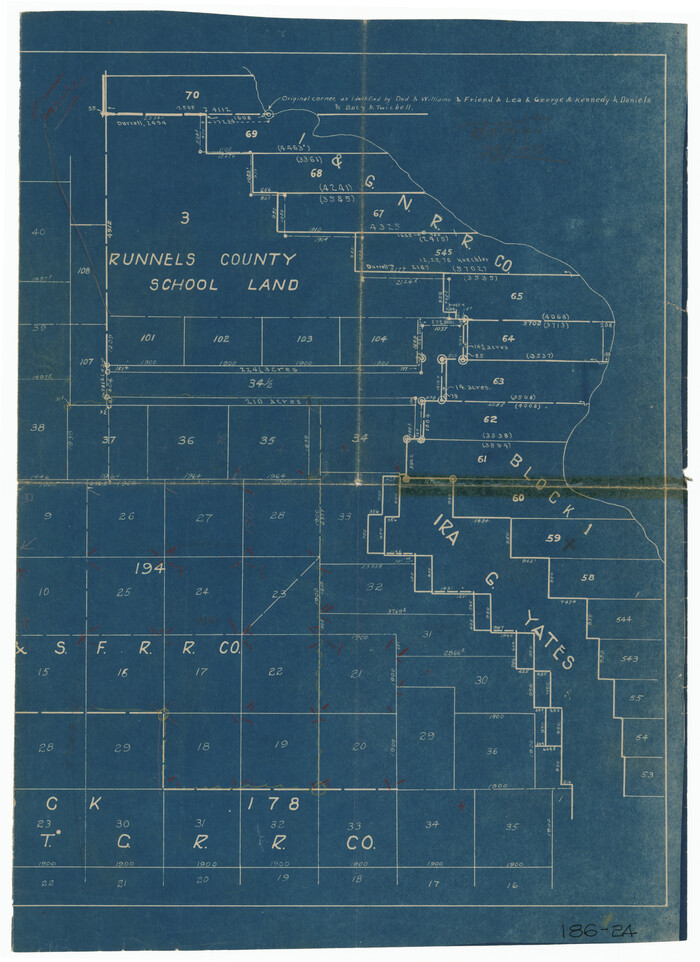 91595, [Sketch showing I. & G. N. Block 1 along river, Runnels County School Land and Ira G. Yates], Twichell Survey Records