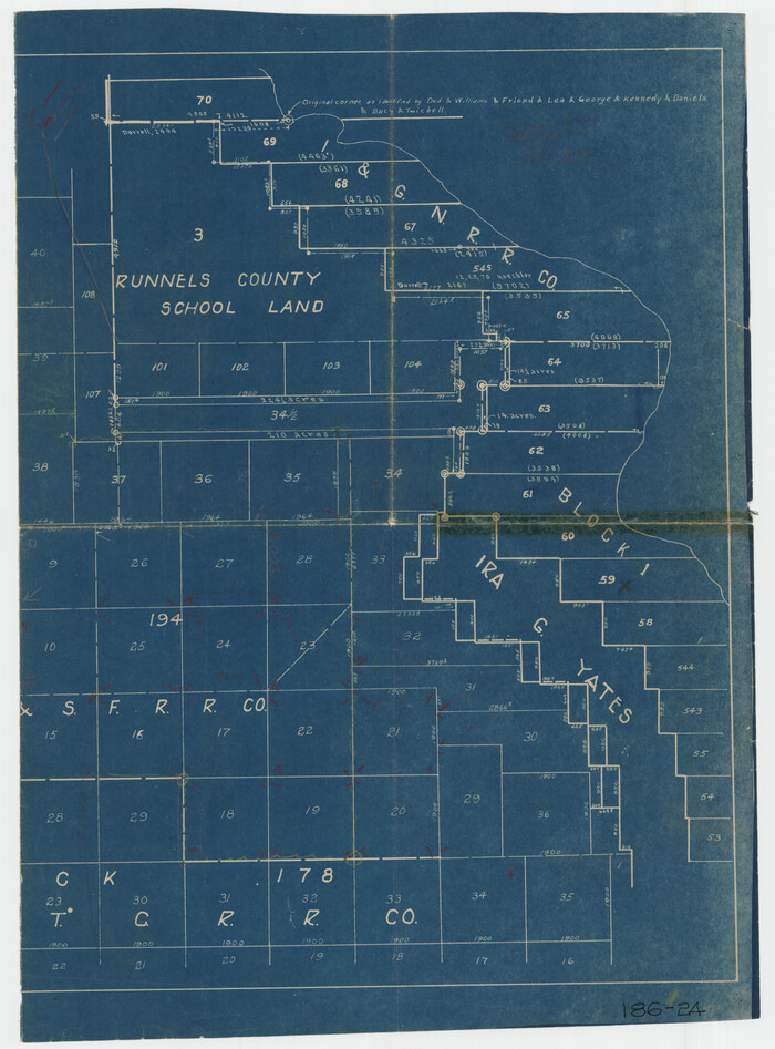 91595, [Sketch showing I. & G. N. Block 1 along river, Runnels County School Land and Ira G. Yates], Twichell Survey Records
