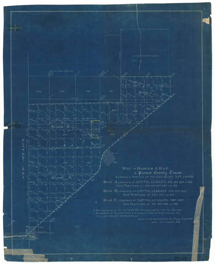 91611, Map of Blocks A, B and C in Parmer County, Texas showing a portion of the C. F. L. & I. Co's. XIT Lands, Twichell Survey Records