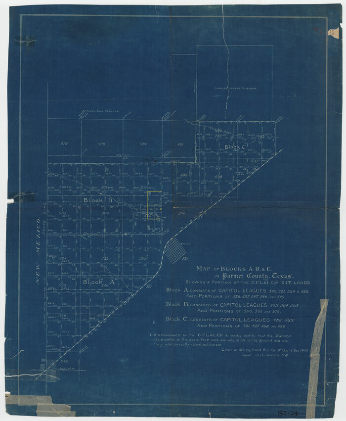 91611, Map of Blocks A, B and C in Parmer County, Texas showing a portion of the C. F. L. & I. Co's. XIT Lands, Twichell Survey Records