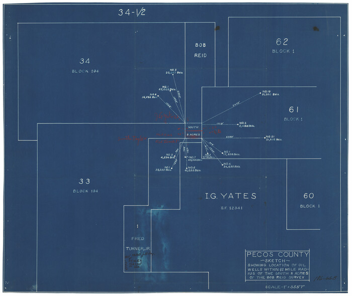 91624, Pecos County Sketch showing location of oil wells within 1/2 mile radius of the south 8 acres of the Bob Reid survey, Twichell Survey Records