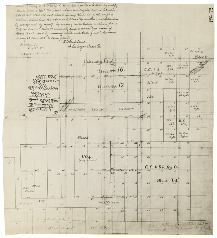 91627, [Sketch showing conflict between G. C. & S. F. Ry. Co. Block 194 and State University Blocks 16 and 17], Twichell Survey Records