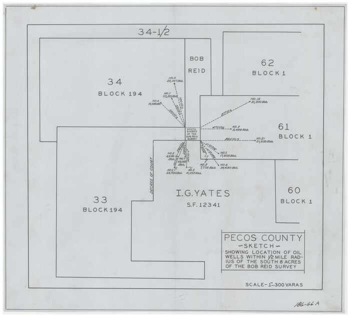 91639, Pecos County Sketch showing location of oil wells within 1/2 mile radius of the south 8 acres of the Bob Reid survey, Twichell Survey Records