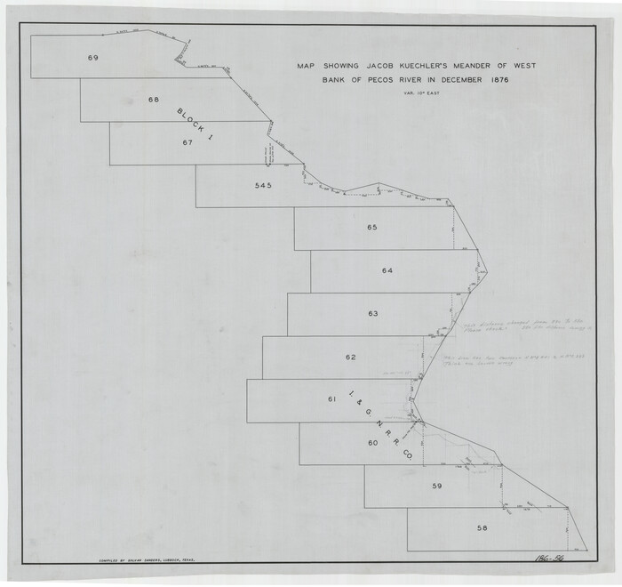 91669, Map Showing Jacob Kuechler's Meander of West Bank of Pecos River in December 1876, Twichell Survey Records
