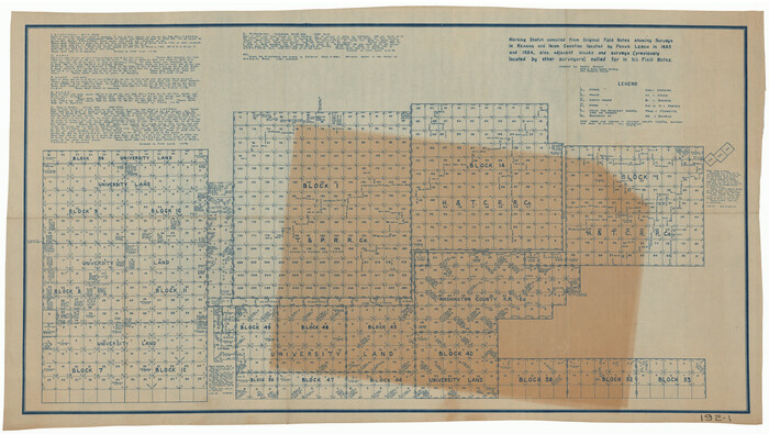 91749, Working Sketch compiled from original field notes showing surveys in Reagan and Irion Counties located by Frank Lerch in 1883 and 1884, also adjacent blocks and surveys (previously located by other surveyors) called for in his Field Notes, Twichell Survey Records