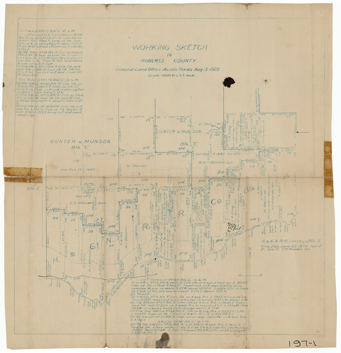 91767, Working Sketch in Roberts County, H. & G. N. RR Surveys, Block A, Twichell Survey Records
