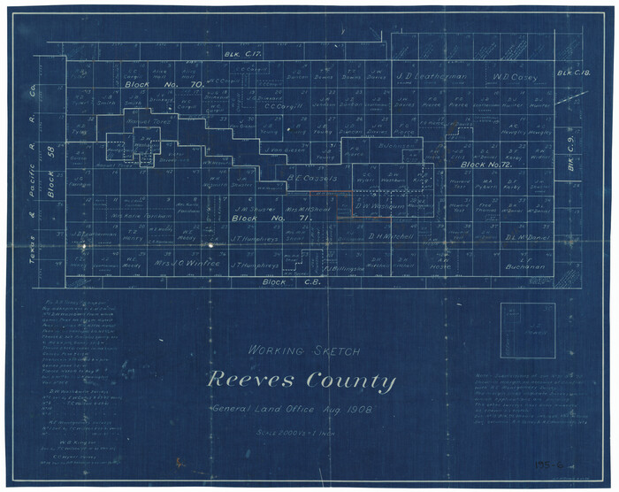 91770, Working Sketch Reeves County [showing Blocks 70-72, C-8, 9, 17-18, and Texas & Pacific RR Block 58], Twichell Survey Records