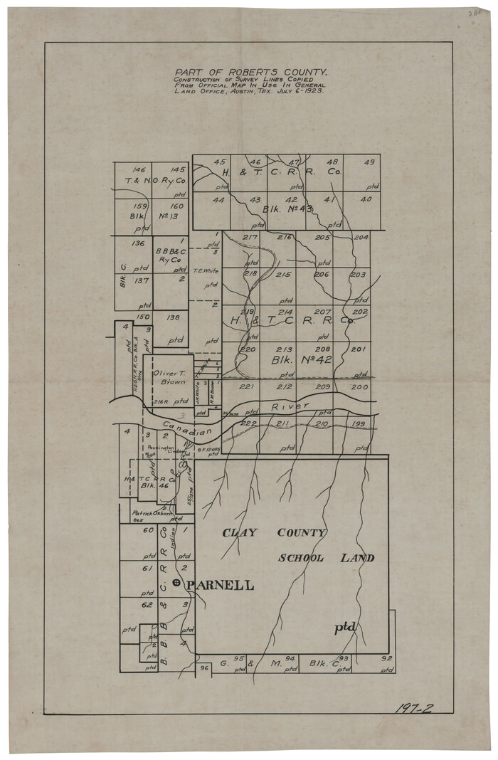 91773, Part of Roberts County, construction of survey lines copied from official map in use in General Land Office, Twichell Survey Records