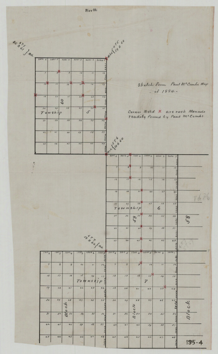 91774, [Sketch from Paul McCombs Map of 1884, showing T. & P. Township 5, Block 60, Township 6, Block 59, and Township 7, Blocks 59 and 60], Twichell Survey Records