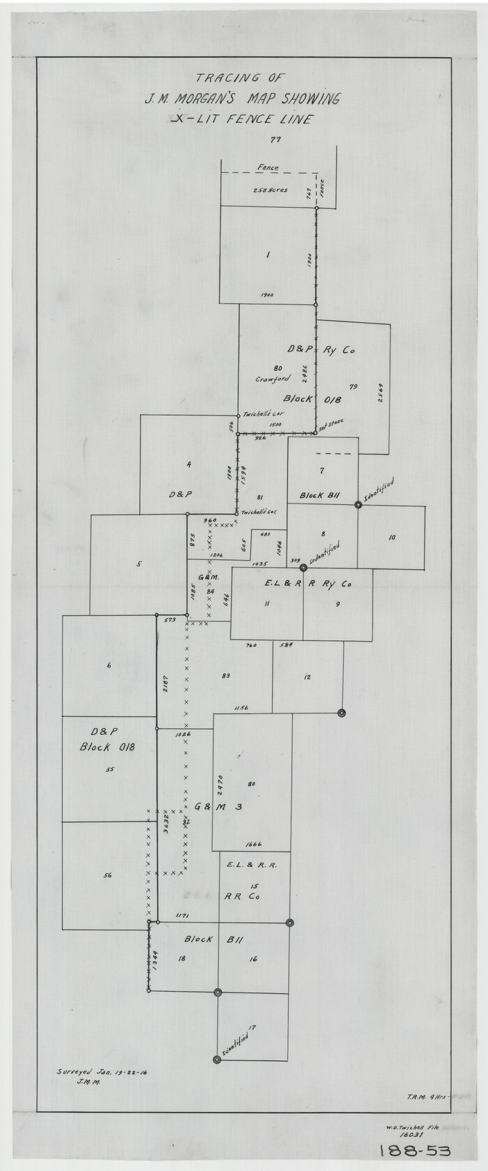 91809, Tracing of J. M. Morgan's Map Showing X-LIT Fence Line, Twichell Survey Records