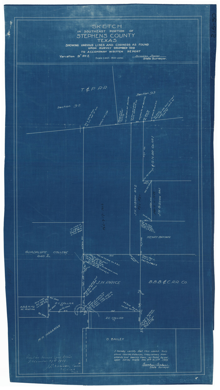 91842, Sketch in Southeast Portion of Stephens County, Texas showing various lines and corners as found upon survey, Twichell Survey Records