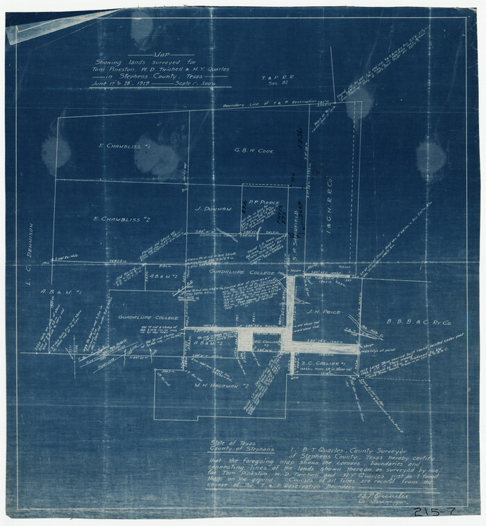 91892, Map Showing Lands Surveyed for Tom Pinkston, W. D. Twichell and H. Y. Quarles in Stephens County, Texas, Twichell Survey Records