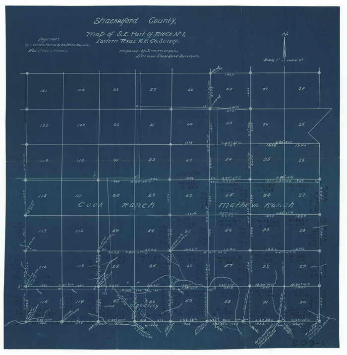 91899, Shackelford County, Map of SE part of Block No. 1, Eastern Texas RR. Co. Survey, Twichell Survey Records