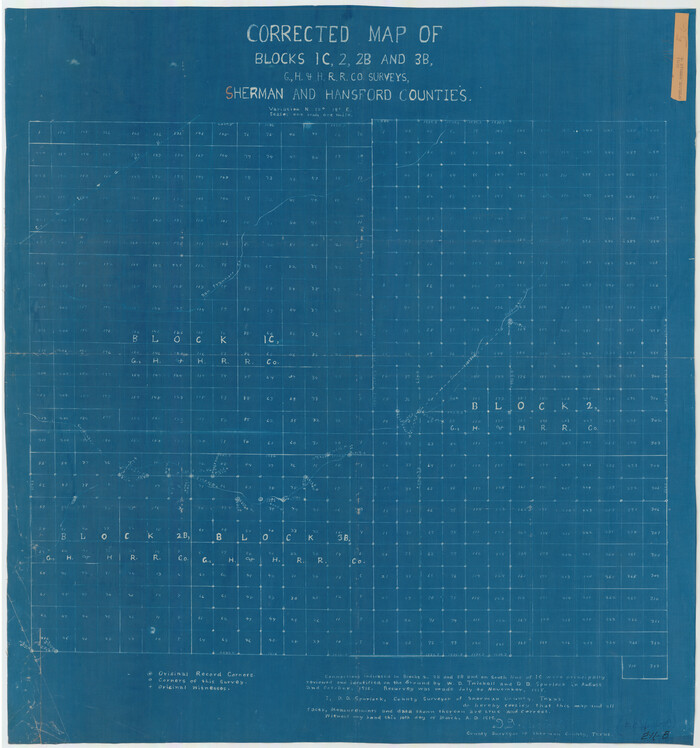 91924, Corrected Map of Blocks 1C, 2, 2B and 3B, G. H. & H. RR. Co. Surveys, Sherman and Hansford Counties, Twichell Survey Records