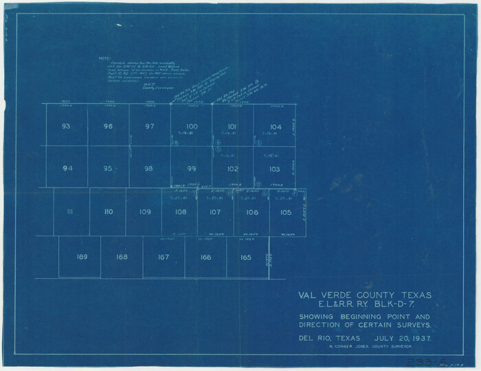 91950, Val Verde County, Texas, E. L. & R. R. Ry. Block D7 showing beginning point and direction of certain surveys, Twichell Survey Records