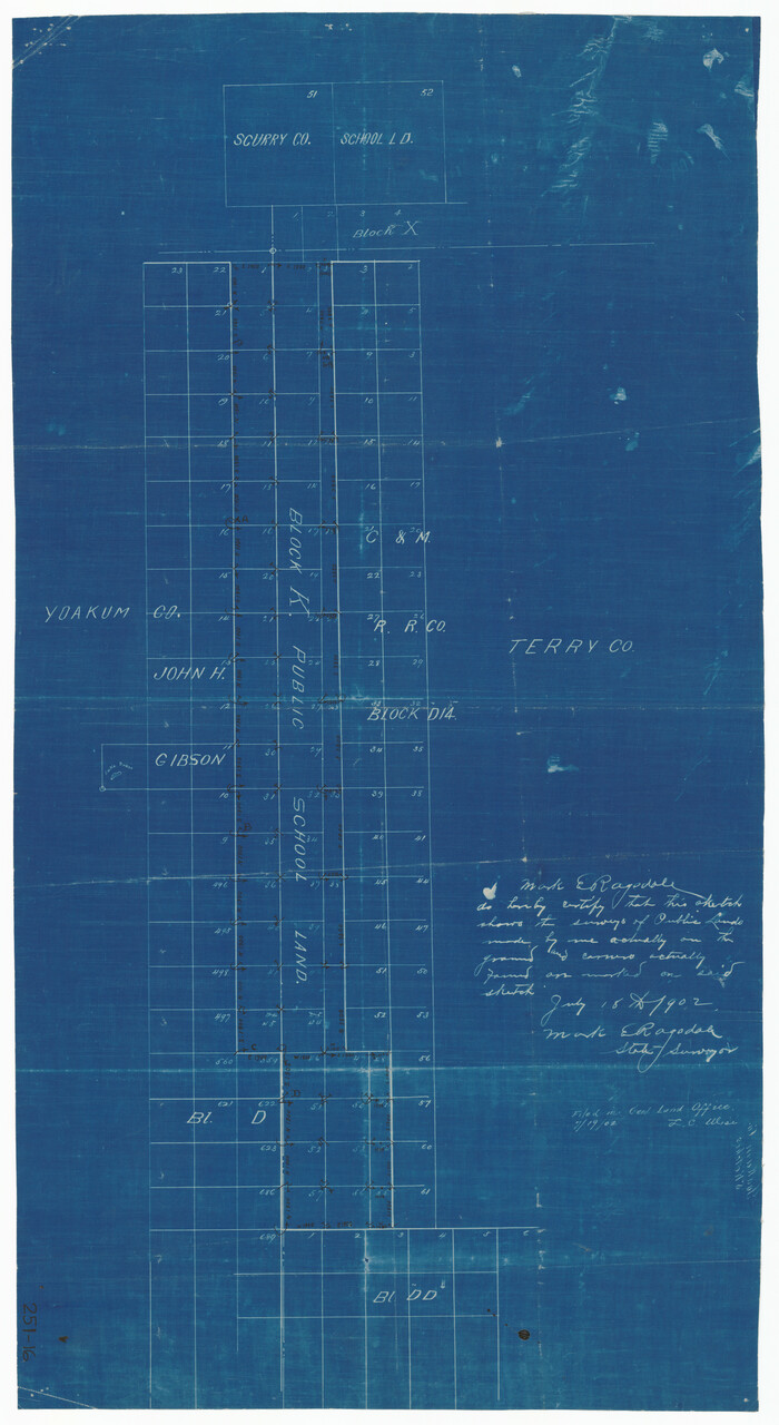 92011, [Notes and map showing Public School Land Block K between Yoakum and Terry Counties], Twichell Survey Records