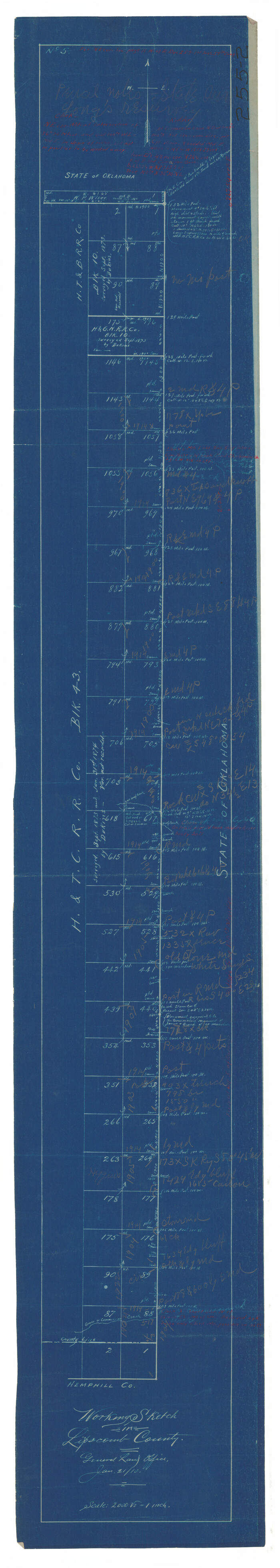 92083, Working Sketch in Lipscomb County [showing East line of County along border with Oklahoma], Twichell Survey Records