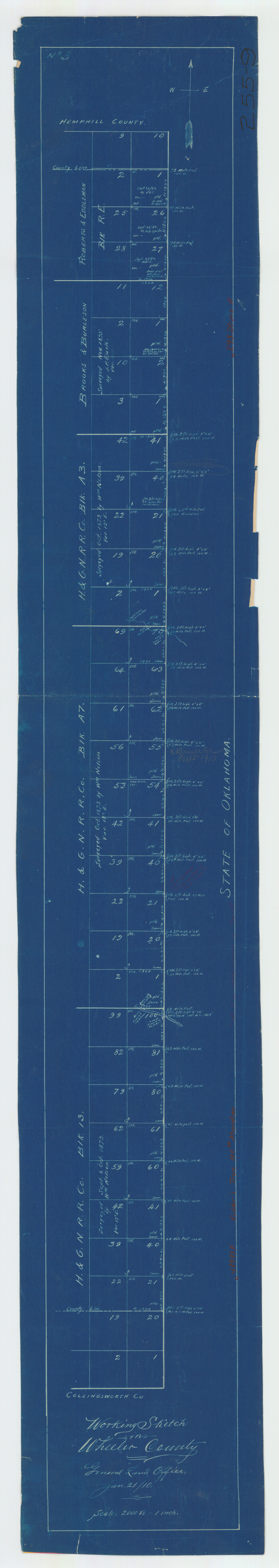 92085, Working Sketch in Wheeler County [showing East line of County along border with Oklahoma], Twichell Survey Records