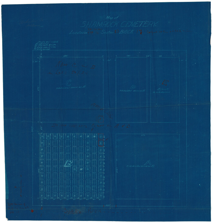 92134, Map of Shamrock Cemetery Located in Southwest 10 acres of Southeast 1/4 Section 43, Block 17, Twichell Survey Records
