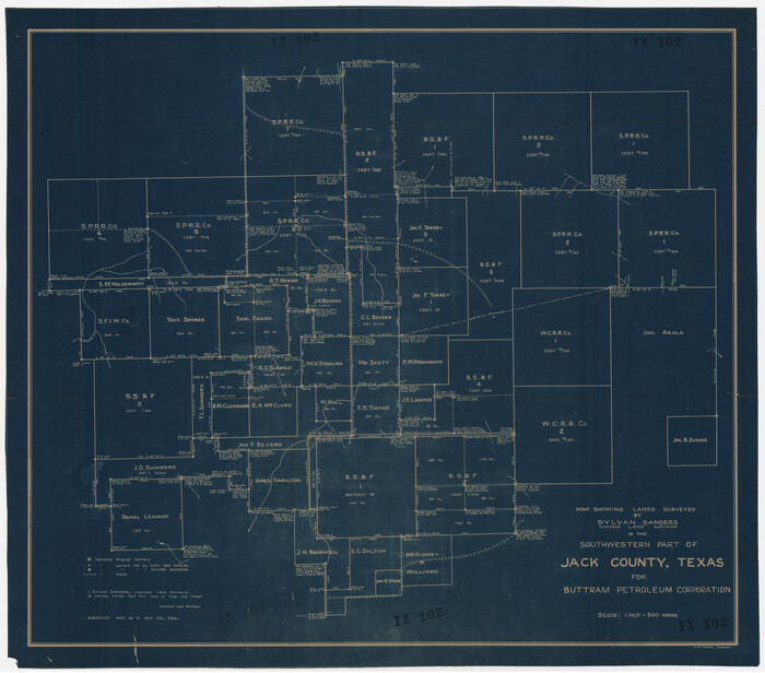 92159, Map showing lands surveyed by Sylvan Sanders in the Southwestern Part of Jack County, Texas for Buttram Petroleum Corporation, Twichell Survey Records