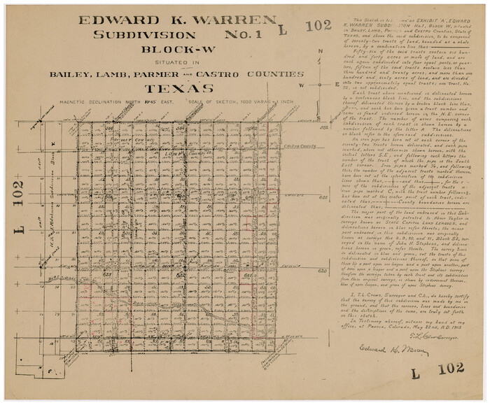 92163, Edward K. Warren Subdivision No. 1 Block-W Situated in Bailey, Lamb, Parmer, and Castro Counties, Texas, Twichell Survey Records
