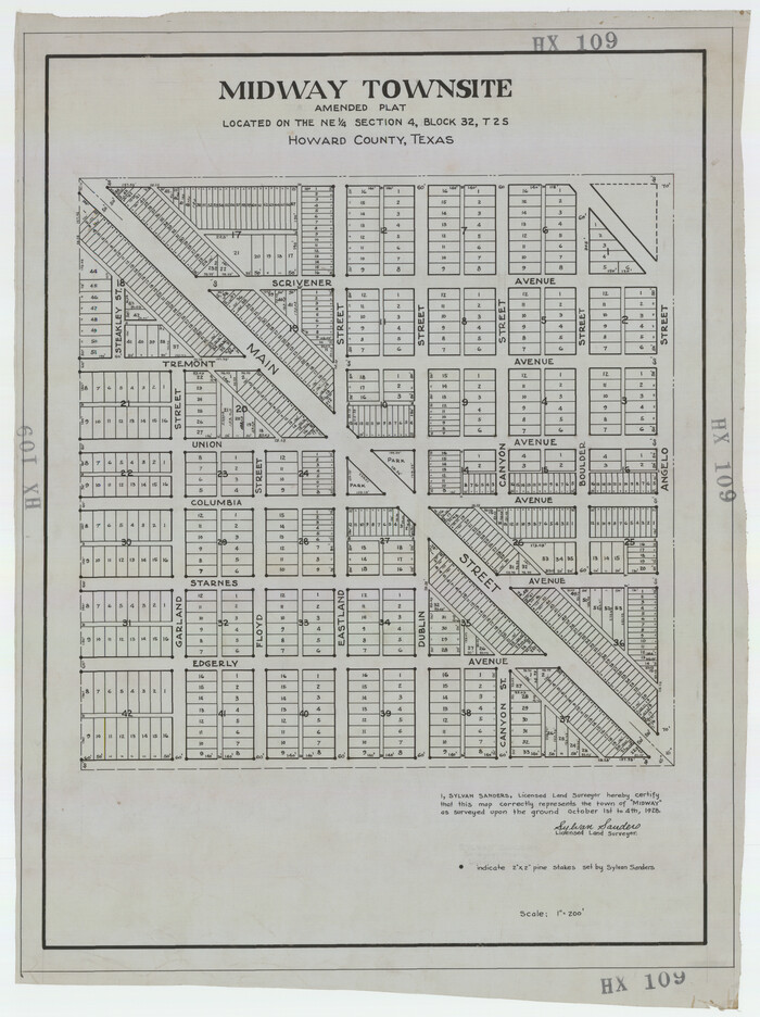 92184, Midway Townsite Located on the Northeast Quarter Section 4, Block 32, T 2 S, Howard County, Texas, Twichell Survey Records