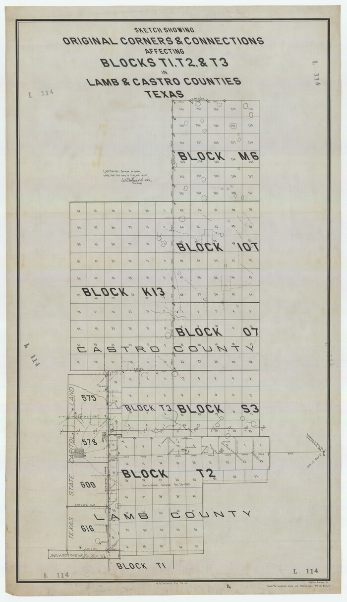 92199, Sketch Showing Original Corners and Connections Affecting Blocks T1, T2, and T3 in Lamb and Castro Counties, Texas, Twichell Survey Records