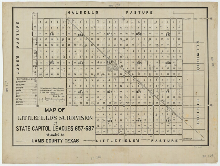 92231, Map of Littlefield's Subdivision of State Capitol Leagues 657-687 Situated in Lamb County, Texas, Twichell Survey Records