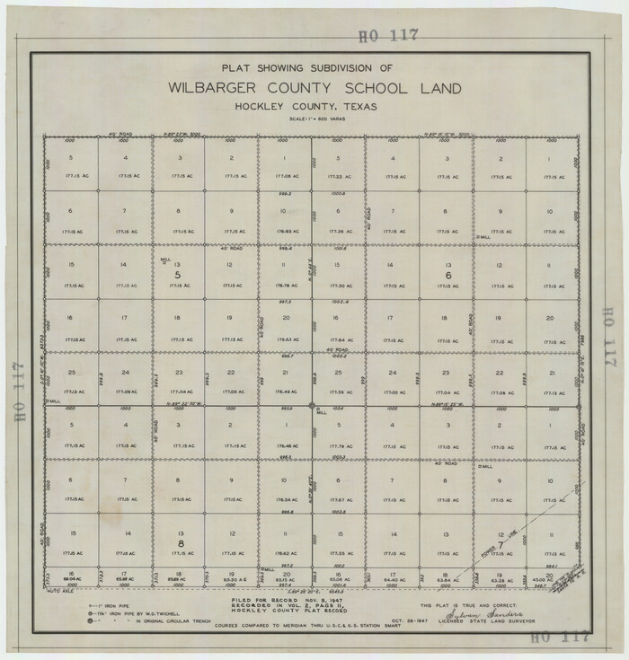 92255, Plat Showing Subdivision of Wilbarger County School Land Hockley County, Texas, Twichell Survey Records