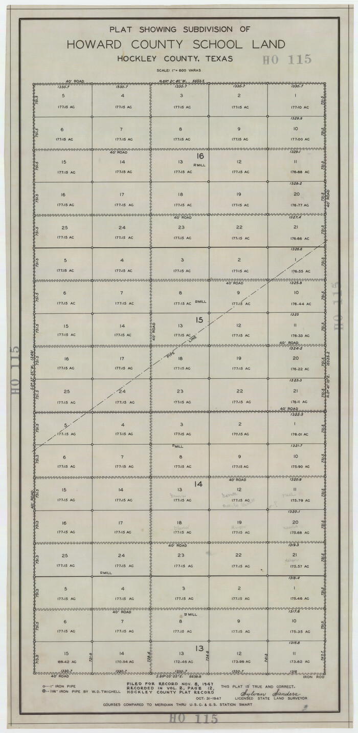 92256, Plat Showing Subdivision of Howard County School Land Hockley County, Texas, Twichell Survey Records
