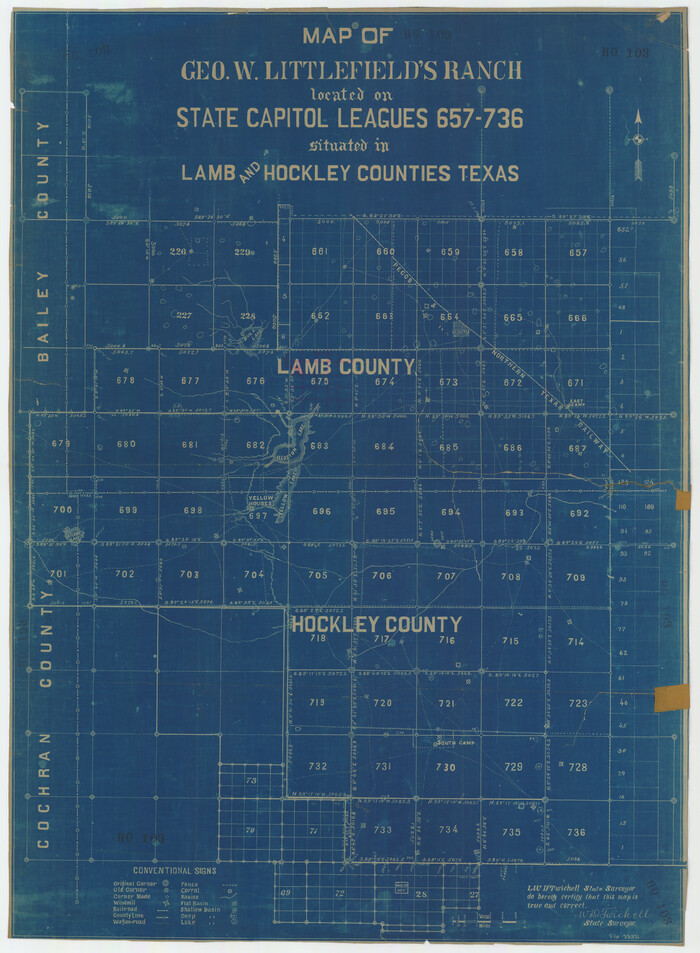 92262, Map of George W. Littlefield's Ranch Located on State Capitol Leagues 657-736 Situated in Lamb and Hockley Counties, Texas, Twichell Survey Records