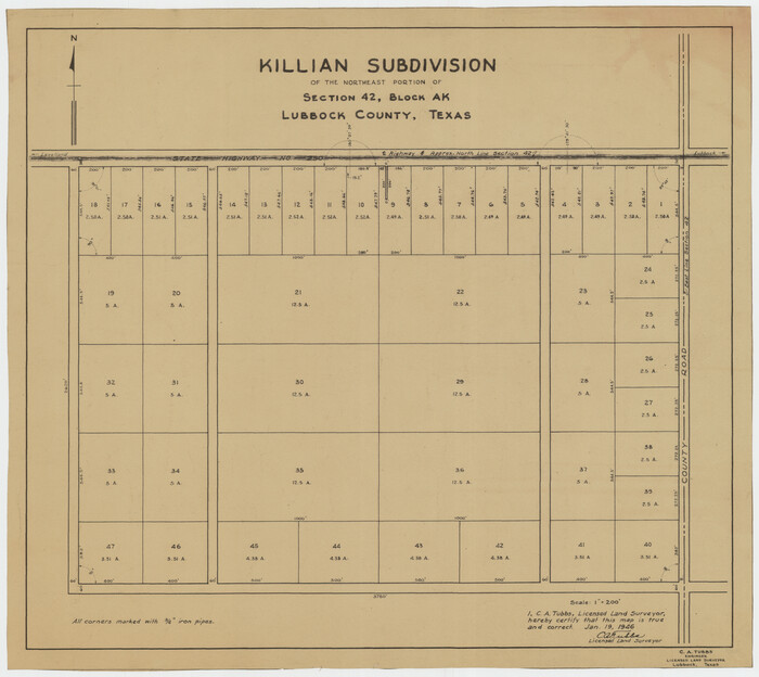 92267, Killian Subdivision of the Northeast Portion of Section 42, Block AK, Twichell Survey Records