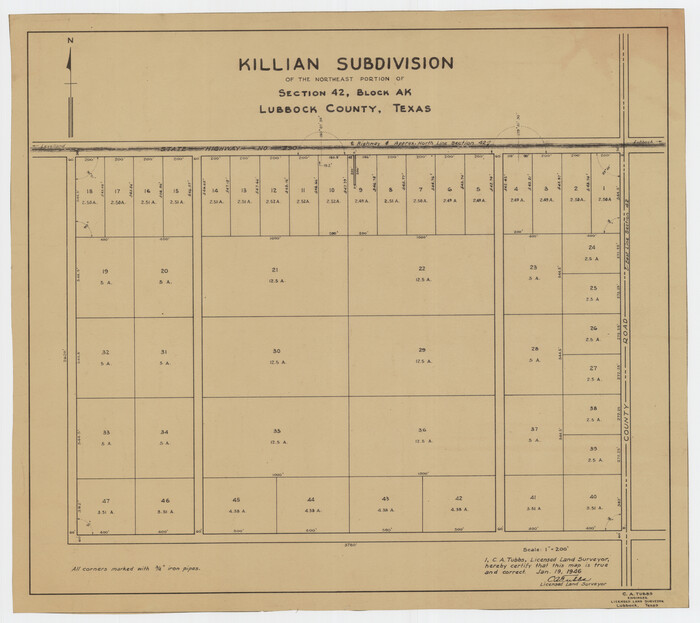 92267, Killian Subdivision of the Northeast Portion of Section 42, Block AK, Twichell Survey Records