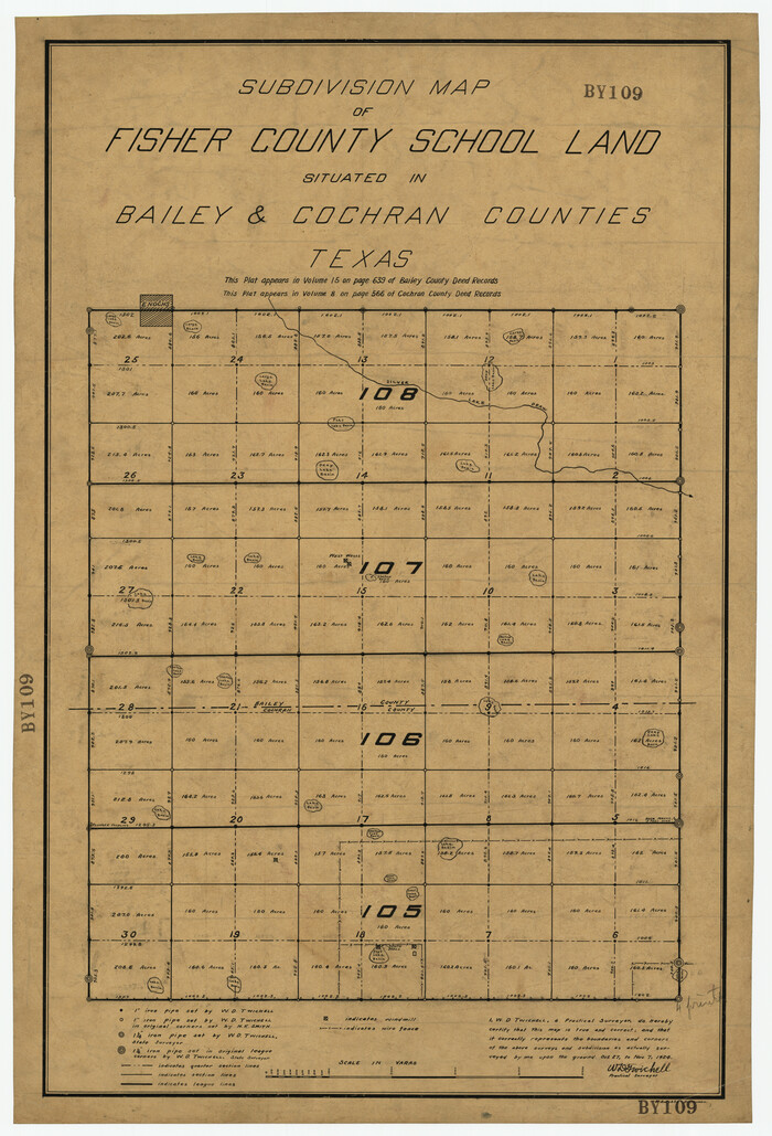 92472, Subdivision Map of Fisher County School Land Situated in Bailey and Cochran Counties, Texas, Twichell Survey Records