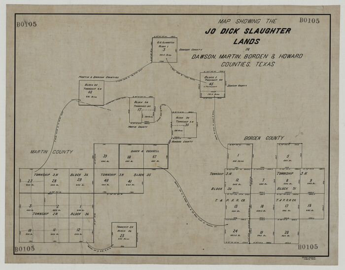 92506, Map Showing the Jo Dick Slaughter Lands in Dawson, Martin, Borden, and Howard Counties, Texas, Twichell Survey Records