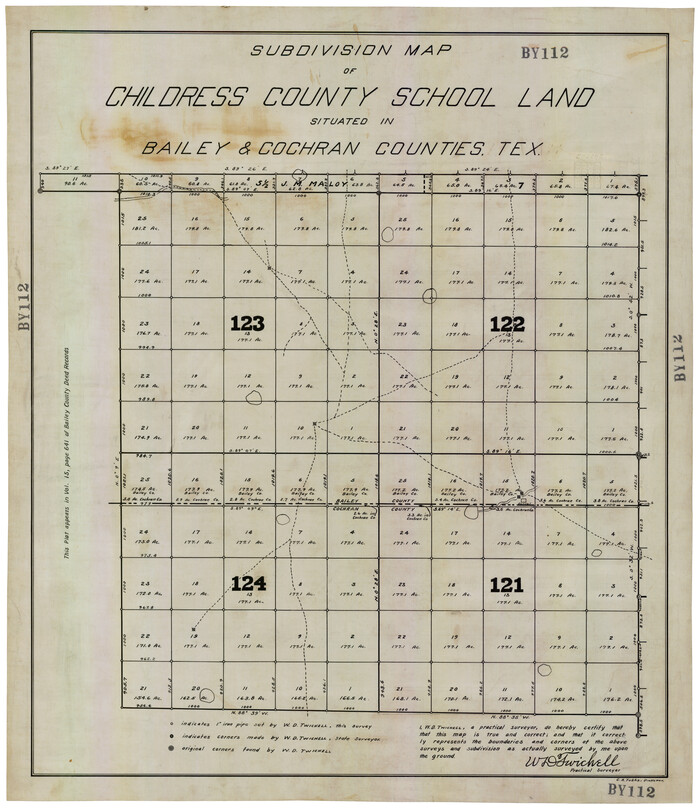 92526, Subdivision Map of Childress County School Land Situated in Bailey and Cochran Counties, Texas, Twichell Survey Records