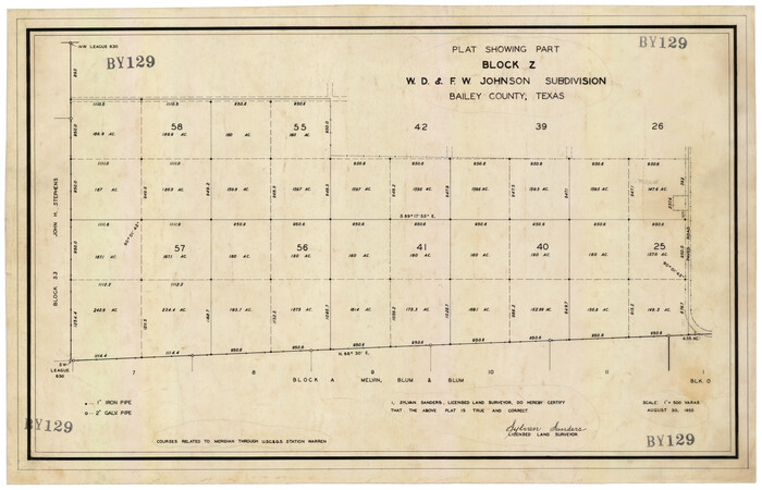 92538, Plat Showing Block Z, W. D. and F. W. Johnson Subdivision, Bailey County, Texas, Twichell Survey Records