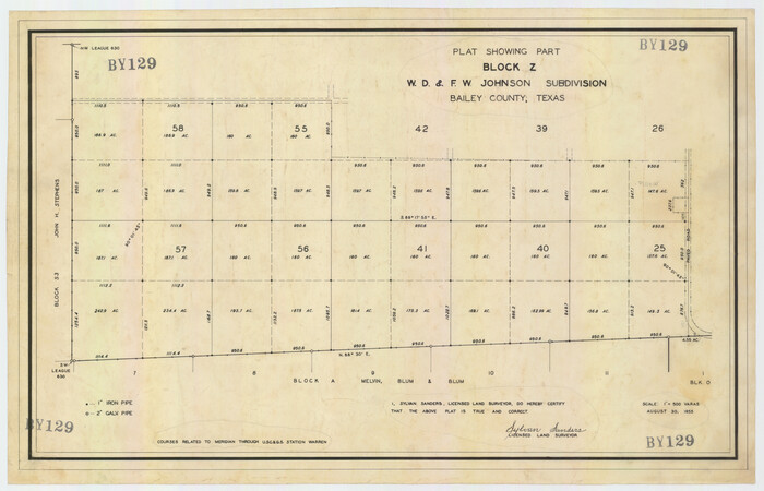 92538, Plat Showing Block Z, W. D. and F. W. Johnson Subdivision, Bailey County, Texas, Twichell Survey Records