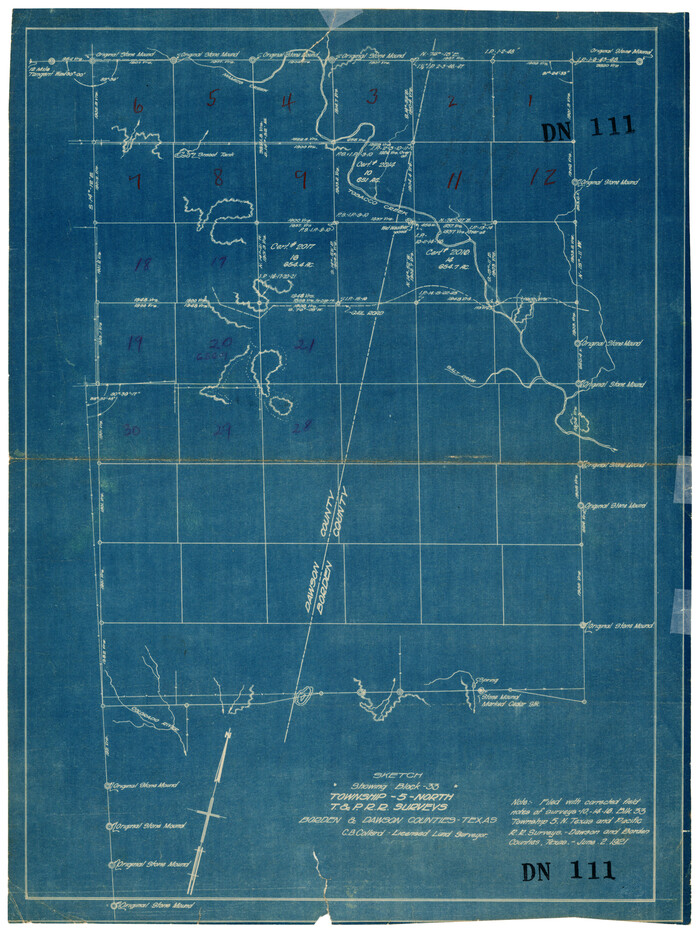 92571, Sketch Showing Block 33, Township 5 North, T. & P. RR Surveys, Borden and Dawson Counties, Texas, Twichell Survey Records