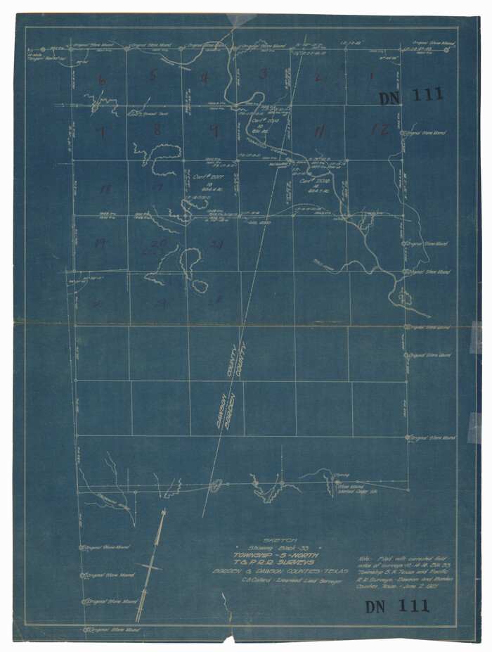 92571, Sketch Showing Block 33, Township 5 North, T. & P. RR Surveys, Borden and Dawson Counties, Texas, Twichell Survey Records